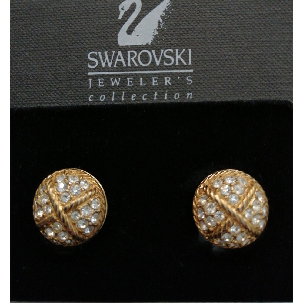 Vintage Swarovski Crystal Gold Accent Cross Clip-On Earrings Hemisphere